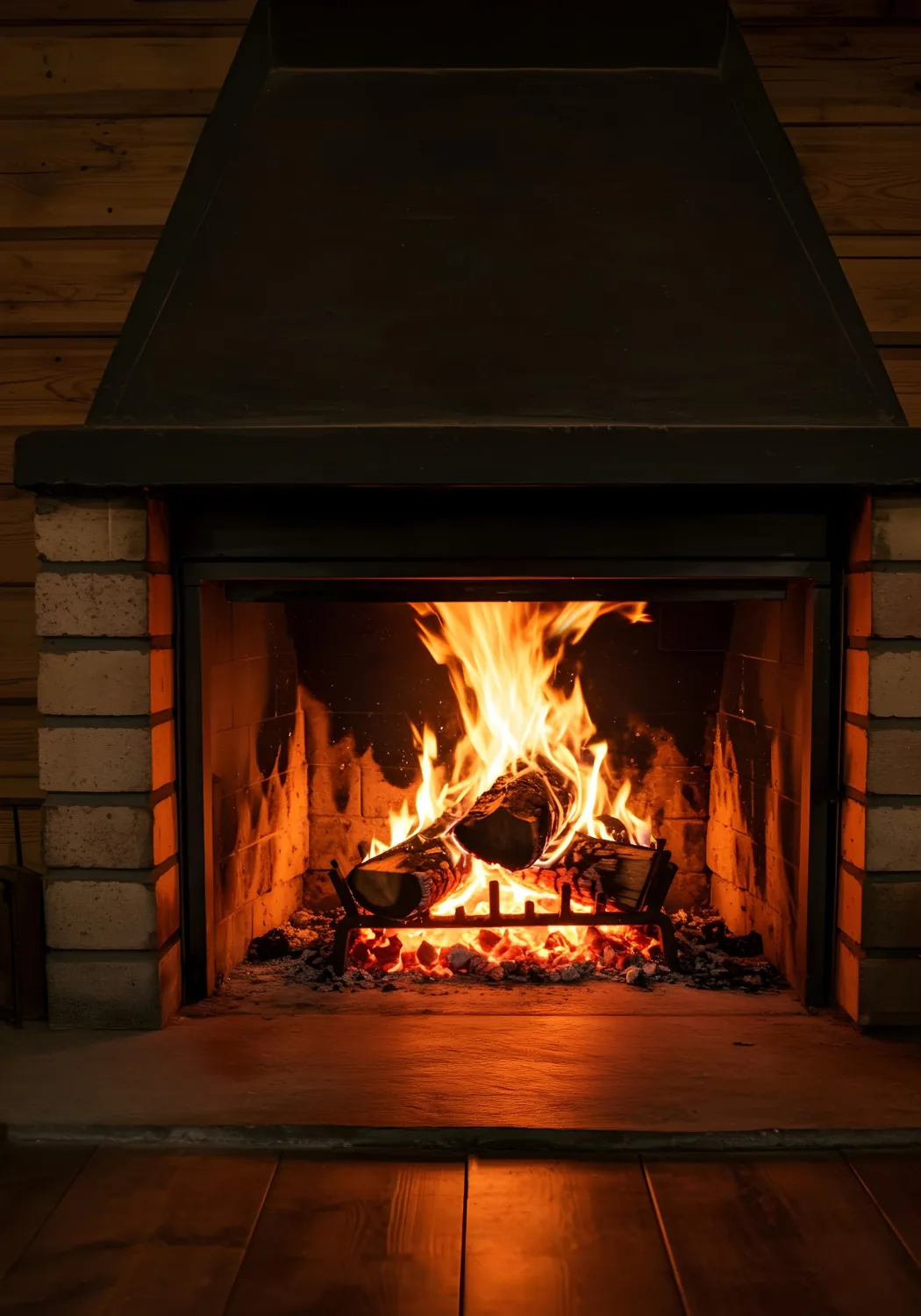 Chimenea de leña encendida en el salón de una vivienda